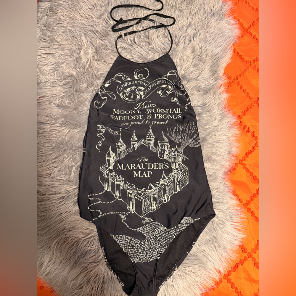Hot Topic Harry Potter One-Piece Swimsuit with Marauder's Map Graphic - Black